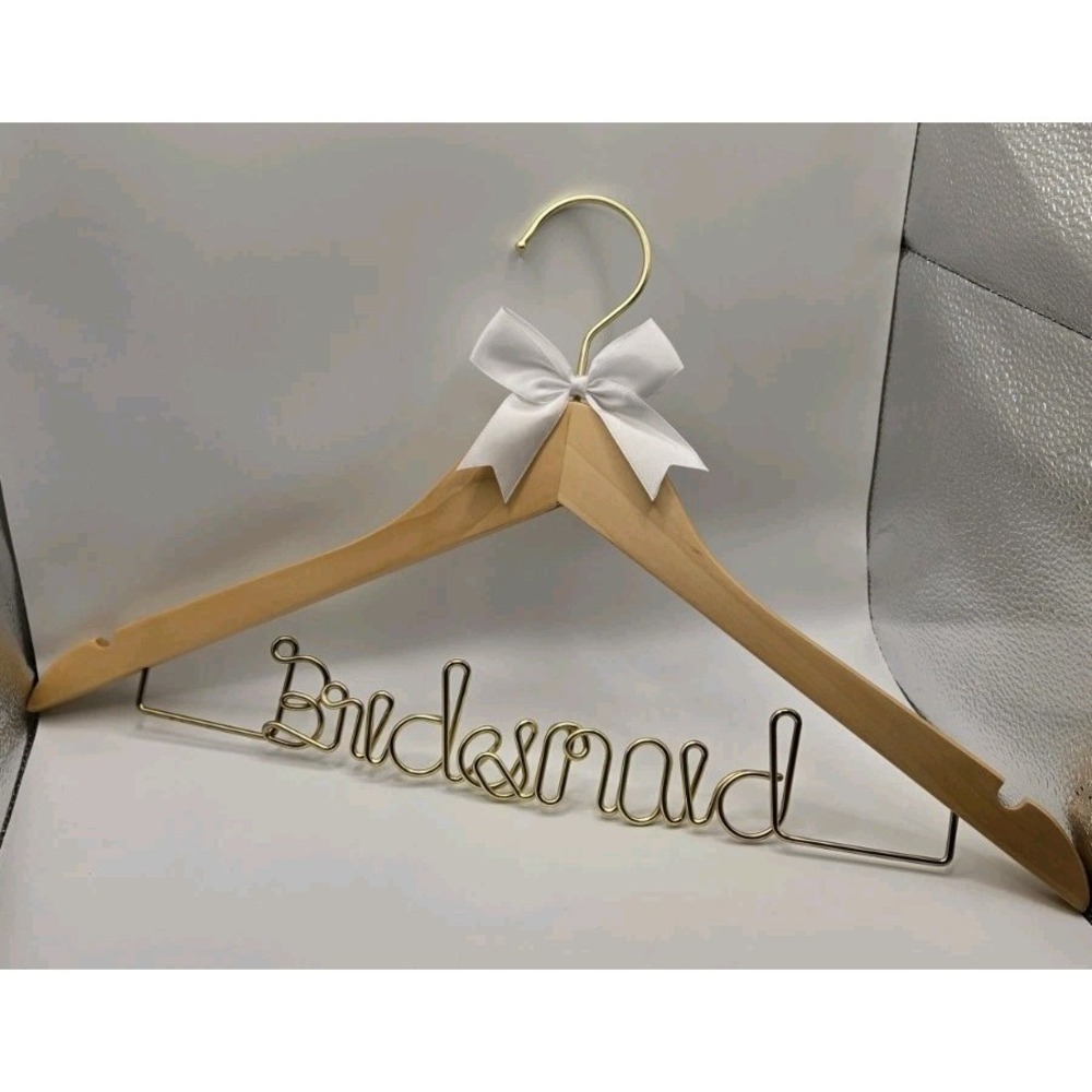 Bridesmaid Dress Hanger Wood Wedding Gold Wire Name Bridal Photo Prop Gift Clean